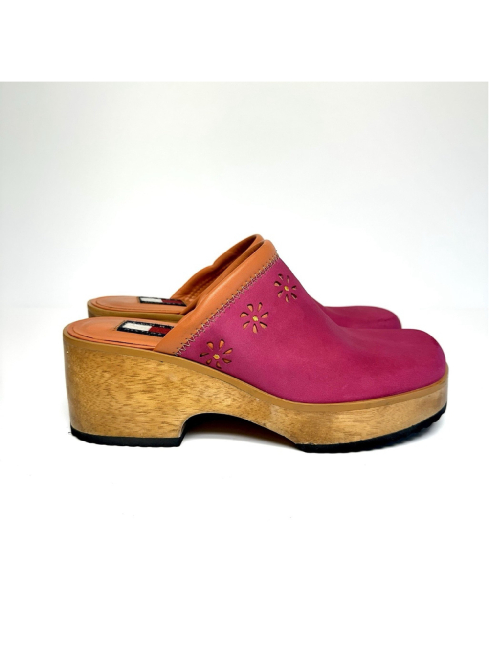 Vintage Tommy Hilfiger Y2K Hot Pink Leather Platform Clogs Mules Cutout Women 9